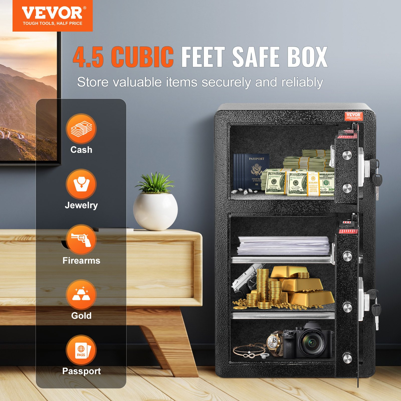 Double Doors 4.5 Cu Ft Safe Box With Key Lock  Password Safe Lock Box With Fireproof Bag, Key Rack, LED Light And 2 Height Adjustable And Removable Divider For Money, Documents, Jewelry And