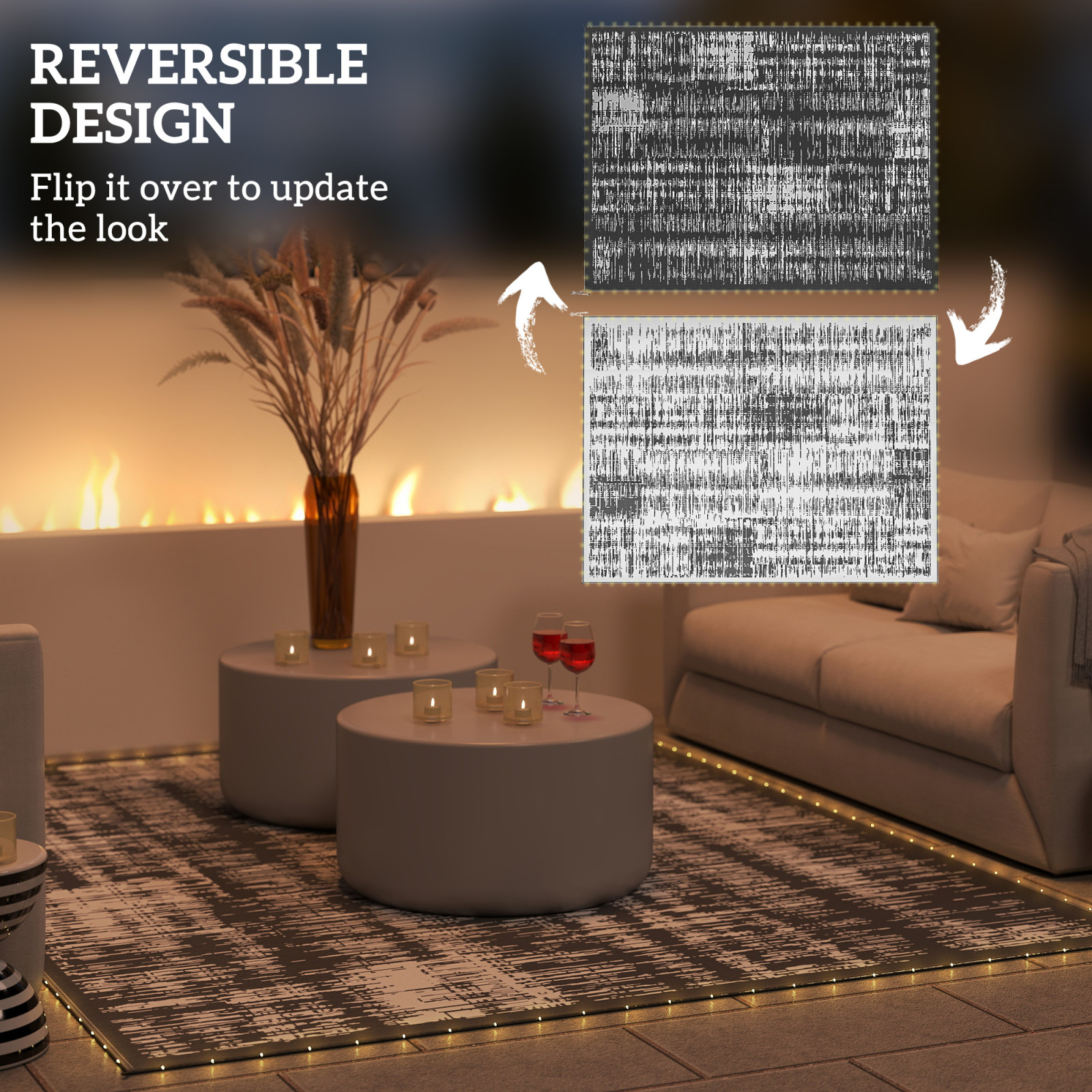 Reversible Outdoor Rug Carpet with LED Lights, Carry Bag & Ground Stakes for Backyard, Deck, Picnic, Beach, 12 x 9