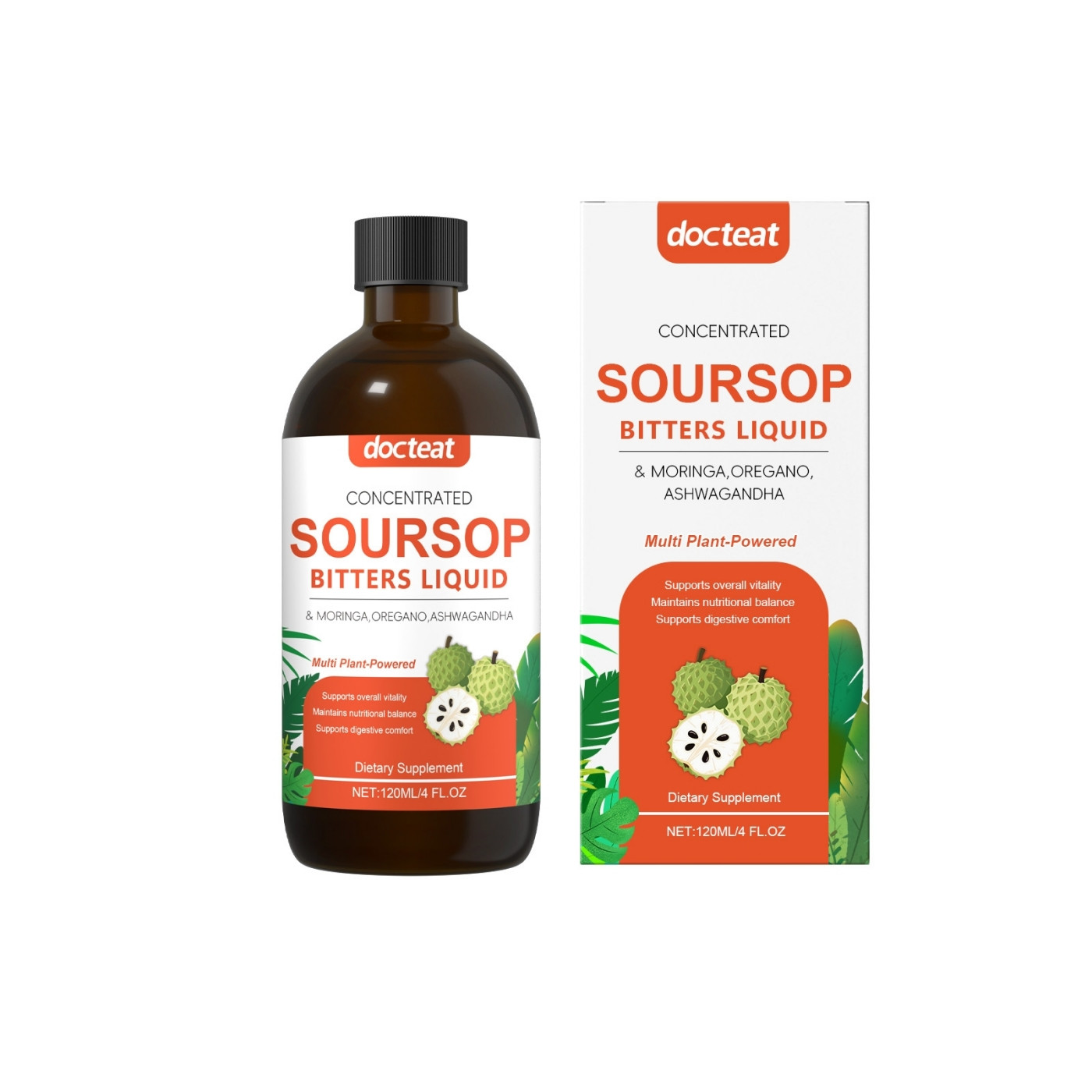 Docteat Concentrated Soursop Bitters Liquid With Moringa, Oregano & Ashwagandha, Multi-Plant Herbal Supplement, 4 FL OZ 120ml