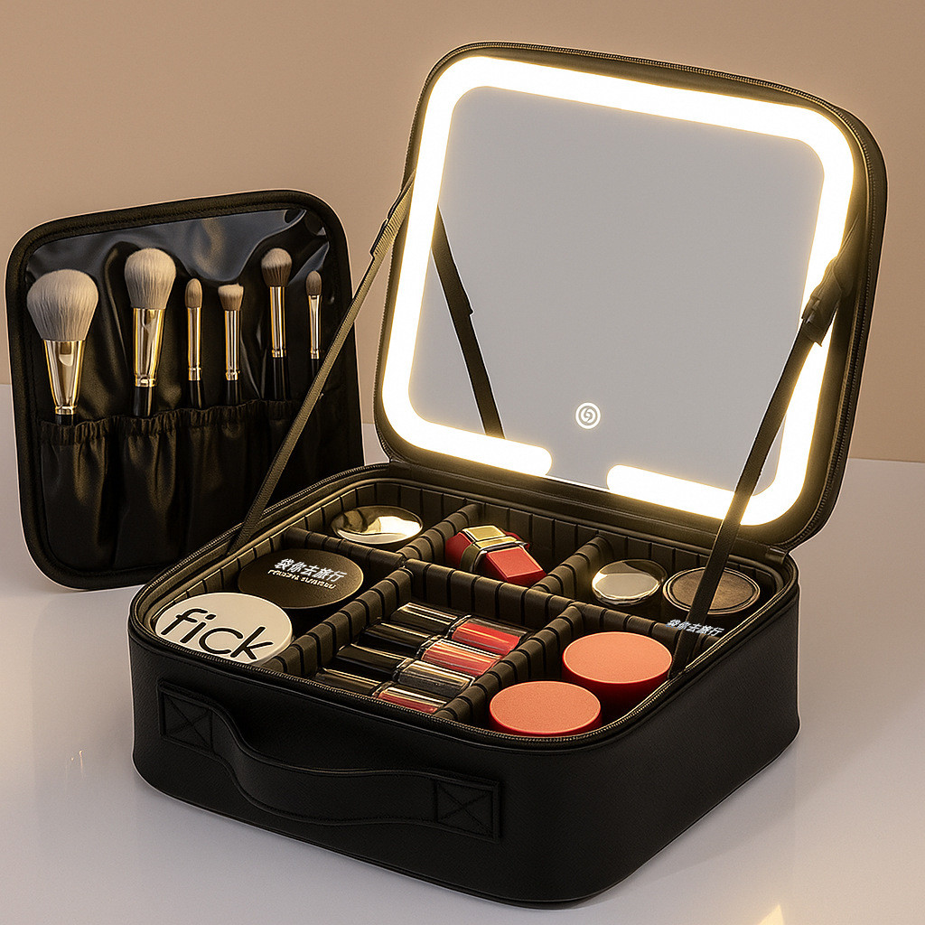 Portable LED Light Mirror Travel Makeup Bag, Large Capacity Women Cosmetic Organizer Case With Adjustable Dividers  Hand Held Travel Beauty Storage For Make Up Brushes  Cosmetics