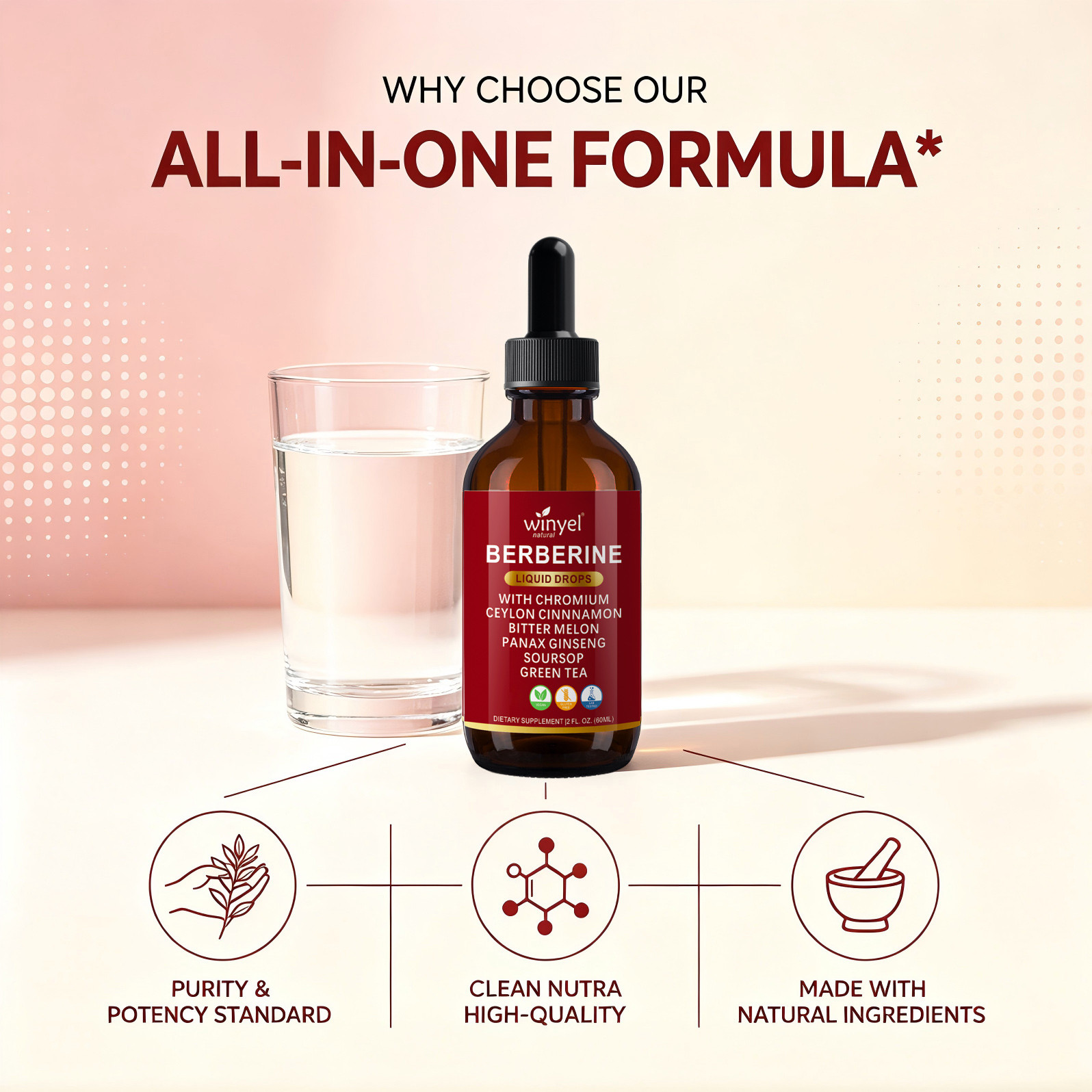 WINYEL Berberine With Ceylon Cinnamon Supplement Liquid Drops  Bitter Melon Extract, Glucomannan, Gymnema, Chromium, Turmeric, Organic Panax Ginseng, Moringa GLP-1 Support