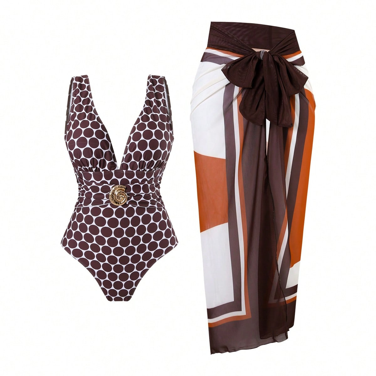 One-piece Deep-V Swimsuit With Printed Beach Dress Set