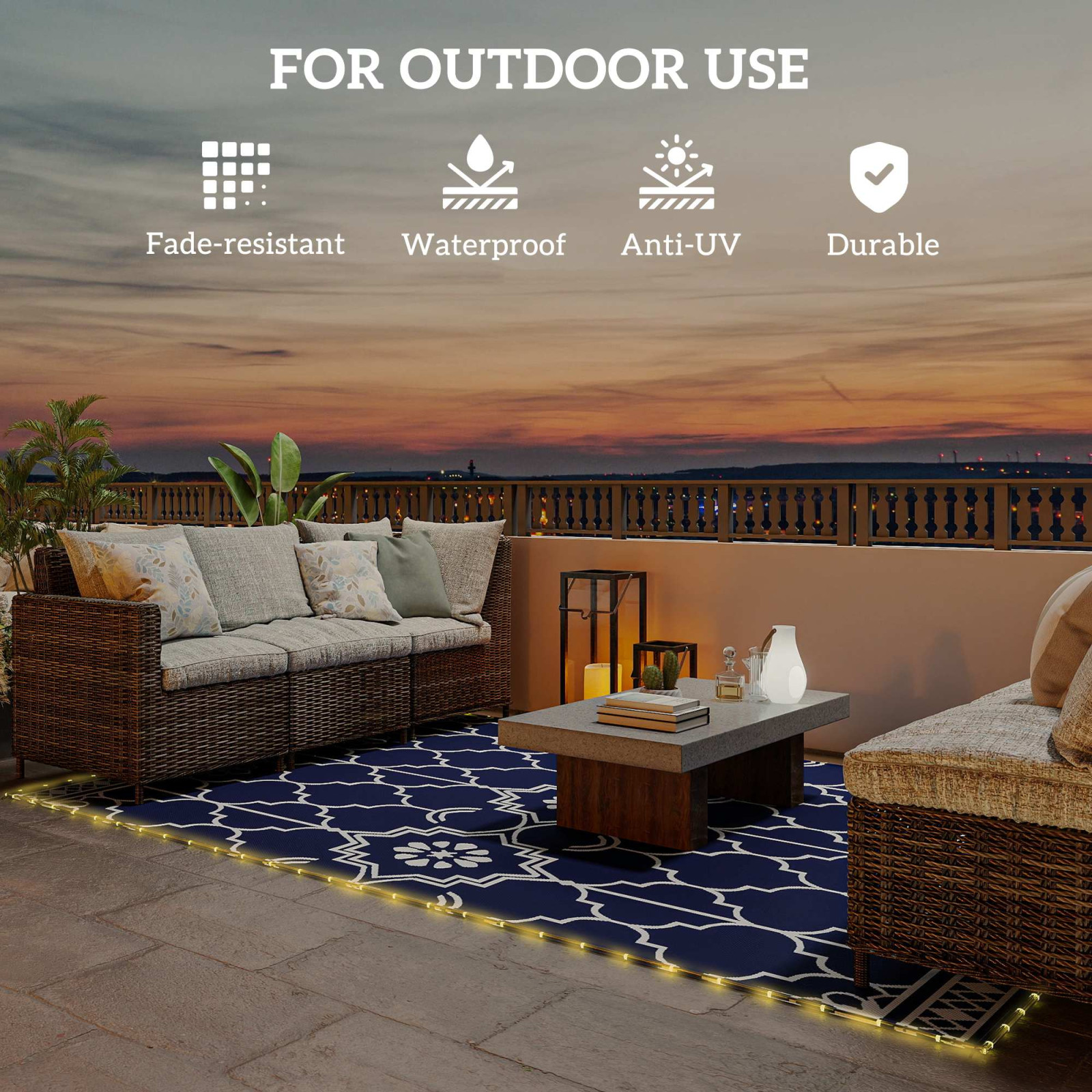 Reversible Outdoor Rug Carpet with LED Lights, 12 x 9 PP Straw Rug with Carry Bag and Ground Stakes