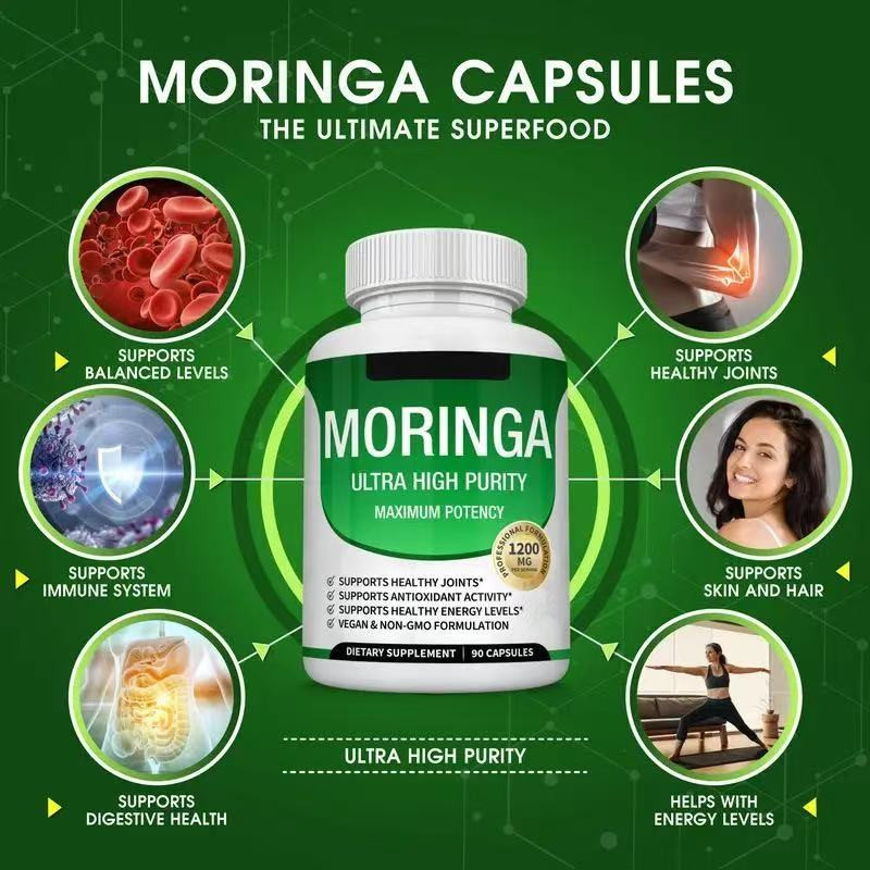 Moringa Oleifera Capsules 1200mg - Pure Moringa Leaf Powder, Natural Superfood For Energy, Immune Support & Healthy Skin, Hair & Joints, Vegan, 90 Capsules