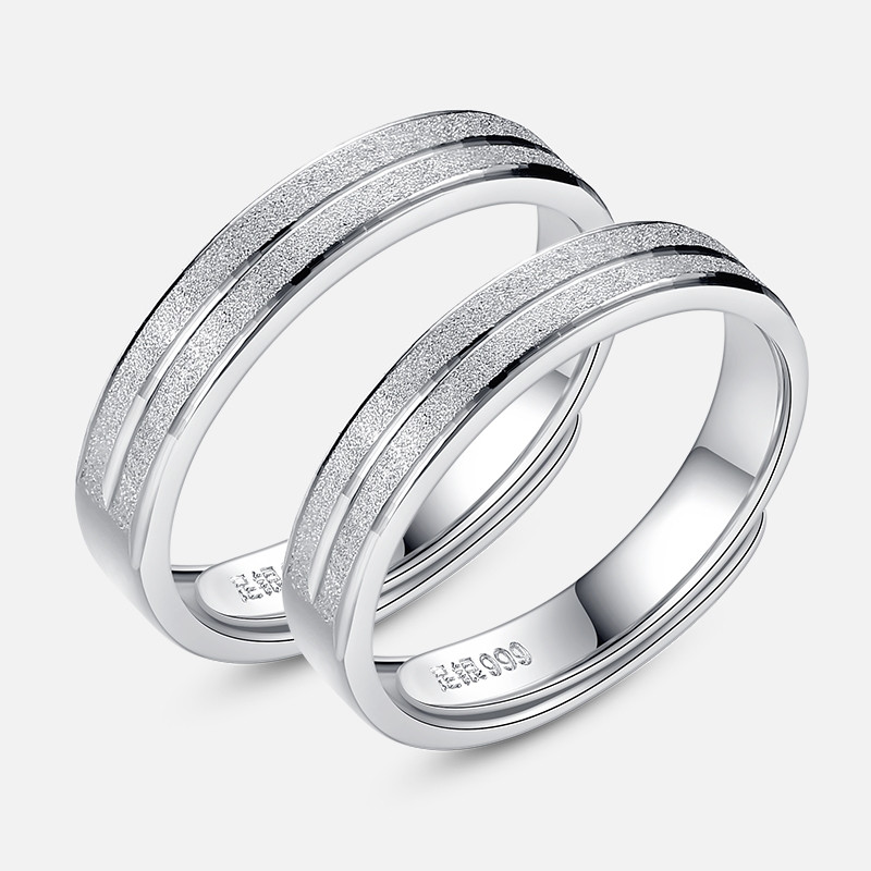 1 Pair 999 Sterling Silver Dual Groove Frosted Couple Rings, Minimalist Sleek Style, For Daily Wear & Wedding Gifts