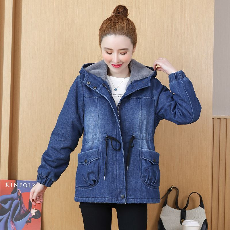 Loose-fitting Thickened Hooded Thermal-lined Denim Cotton-padded Short Jacket