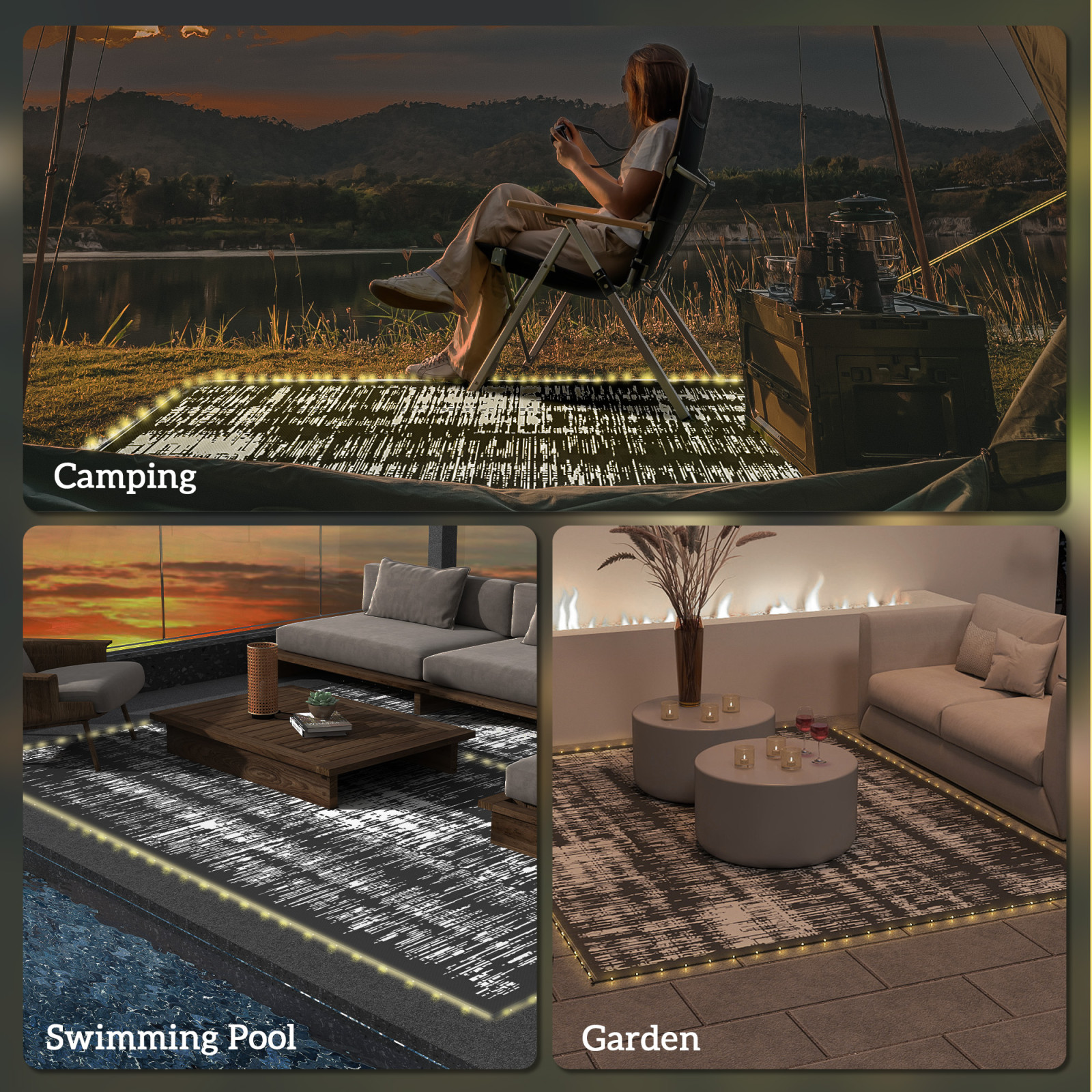 Reversible Outdoor Rug Carpet with LED Lights, Carry Bag & Ground Stakes for Backyard, Deck, Picnic, Beach, 10 x 8